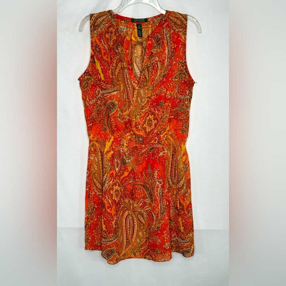 Lauren Ralph Lauren Orange Paisley Semi Sheer Blouson Tunic‎ Dress Sz 10
